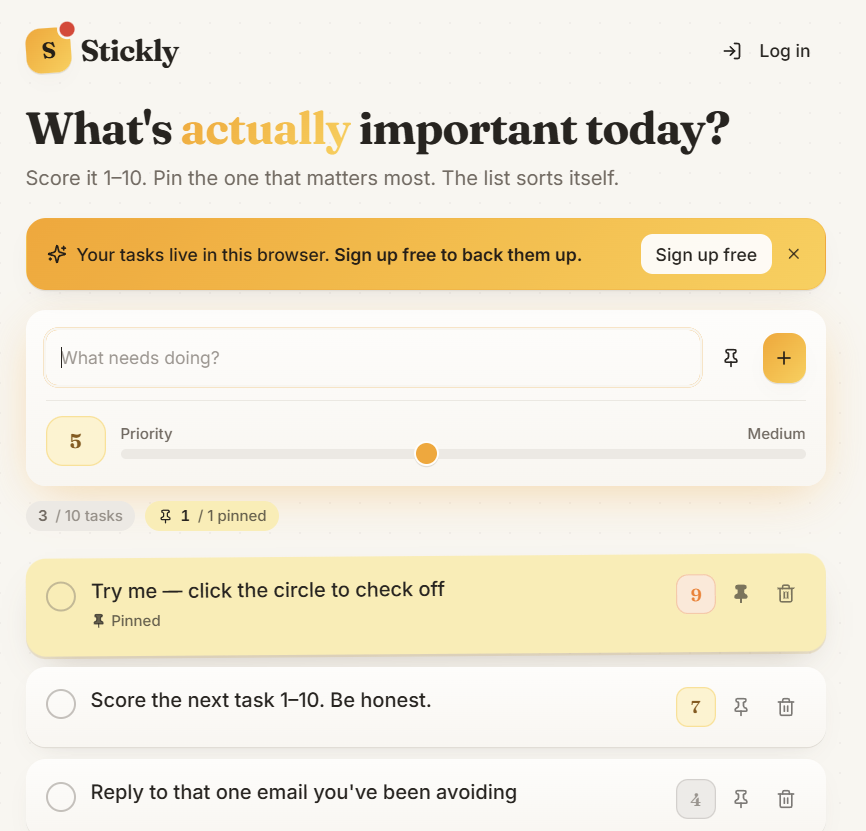 Gostickly task dashboard for prioritizing and pinning today's most important work