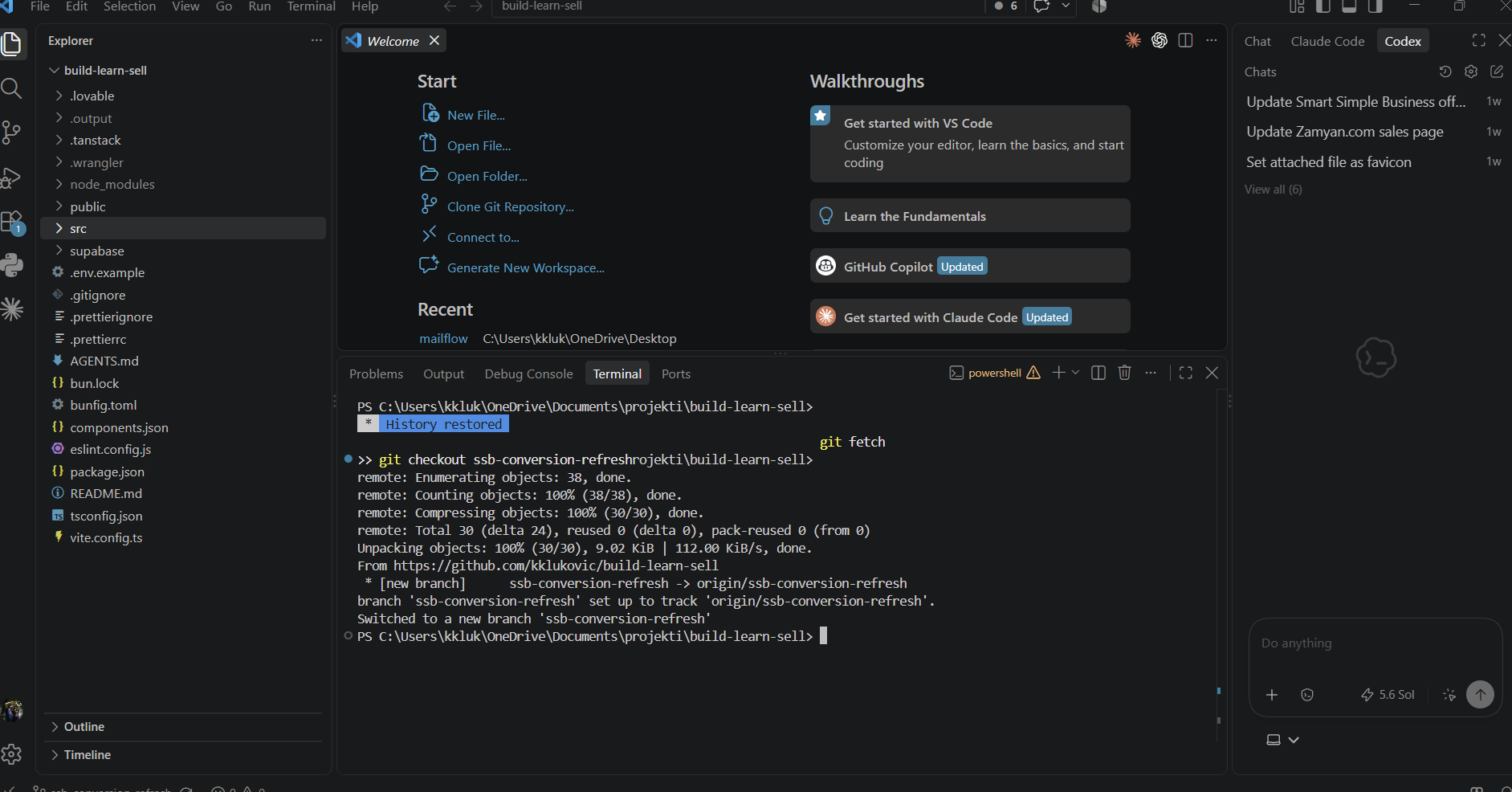 VS Code workspace showing the Smart Simple Business app build process