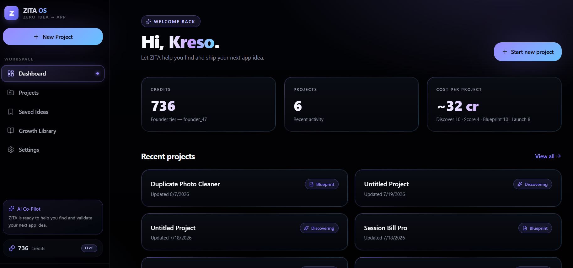 ZITAOS dashboard showing project credits, recent projects and app-planning tools